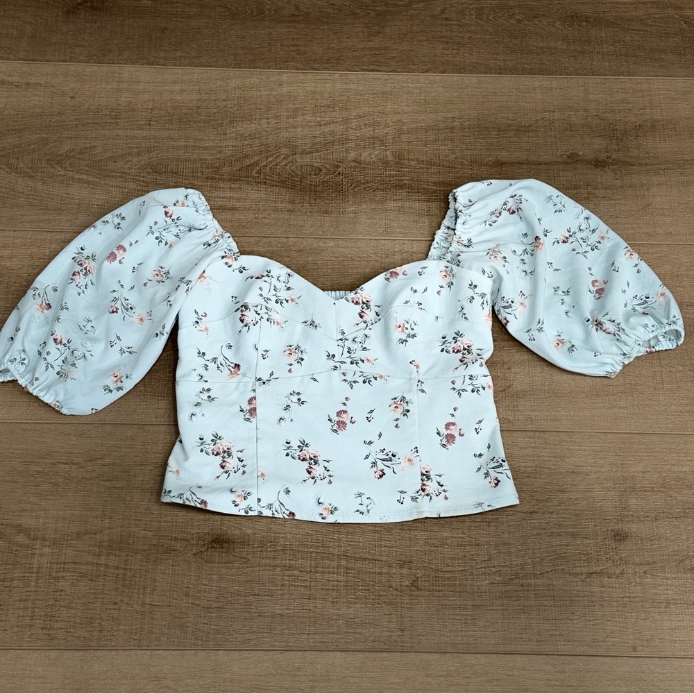 Abercrombie & Fitch Light Blue Floral Corset Crop Top XS Puffy Sleeve Fairy Chic